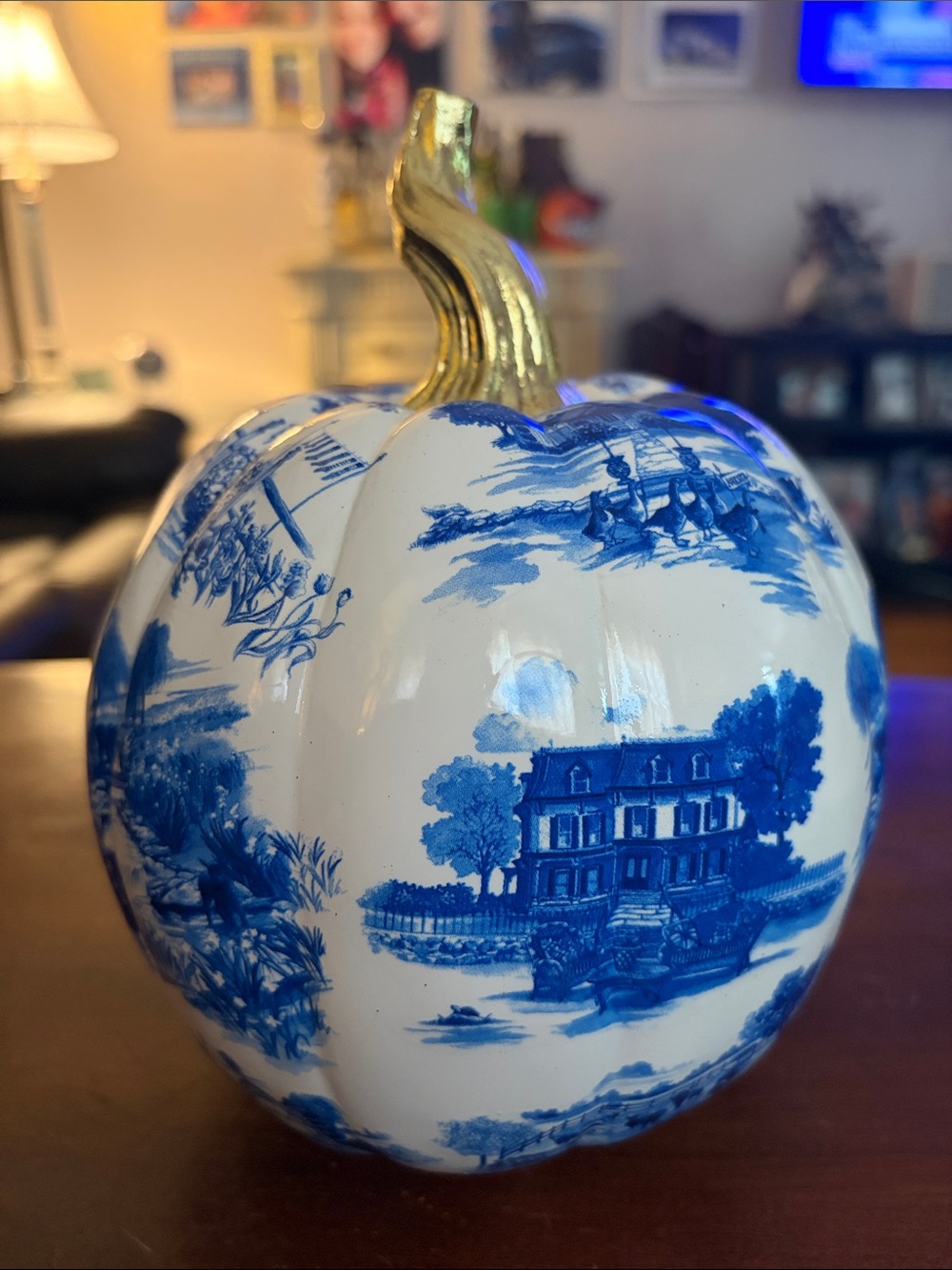 NIB MacKenzie-Childs Royal Toile Small Pumpkin Blue White Gold Fall Decor